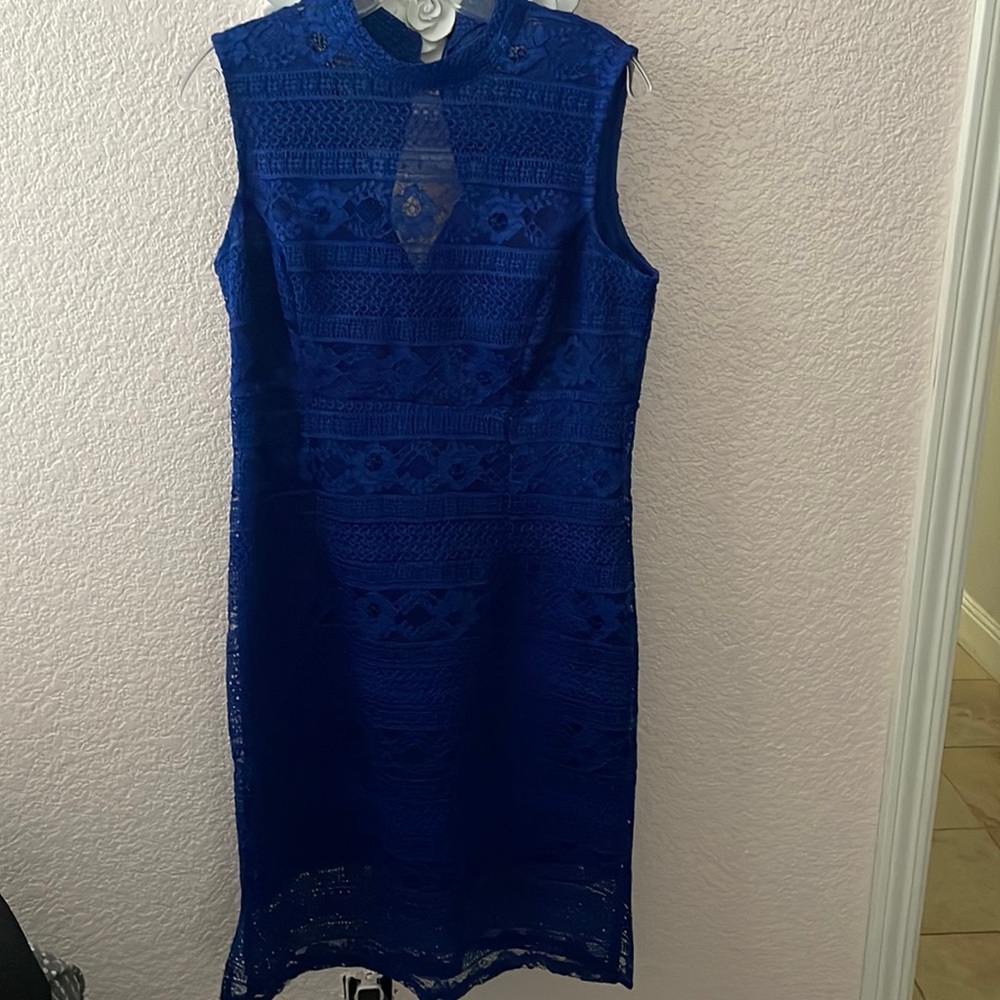 Enfocus blue lace dress, see-through V cut